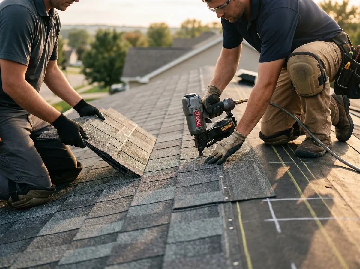Professional roofer working on a residential roof in East Moline